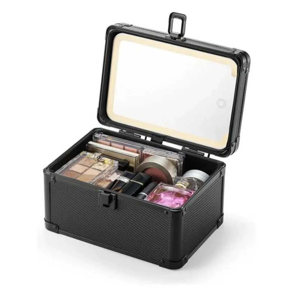 Small travel makeup case with lighted mirror waterproof cosmetic organizer box